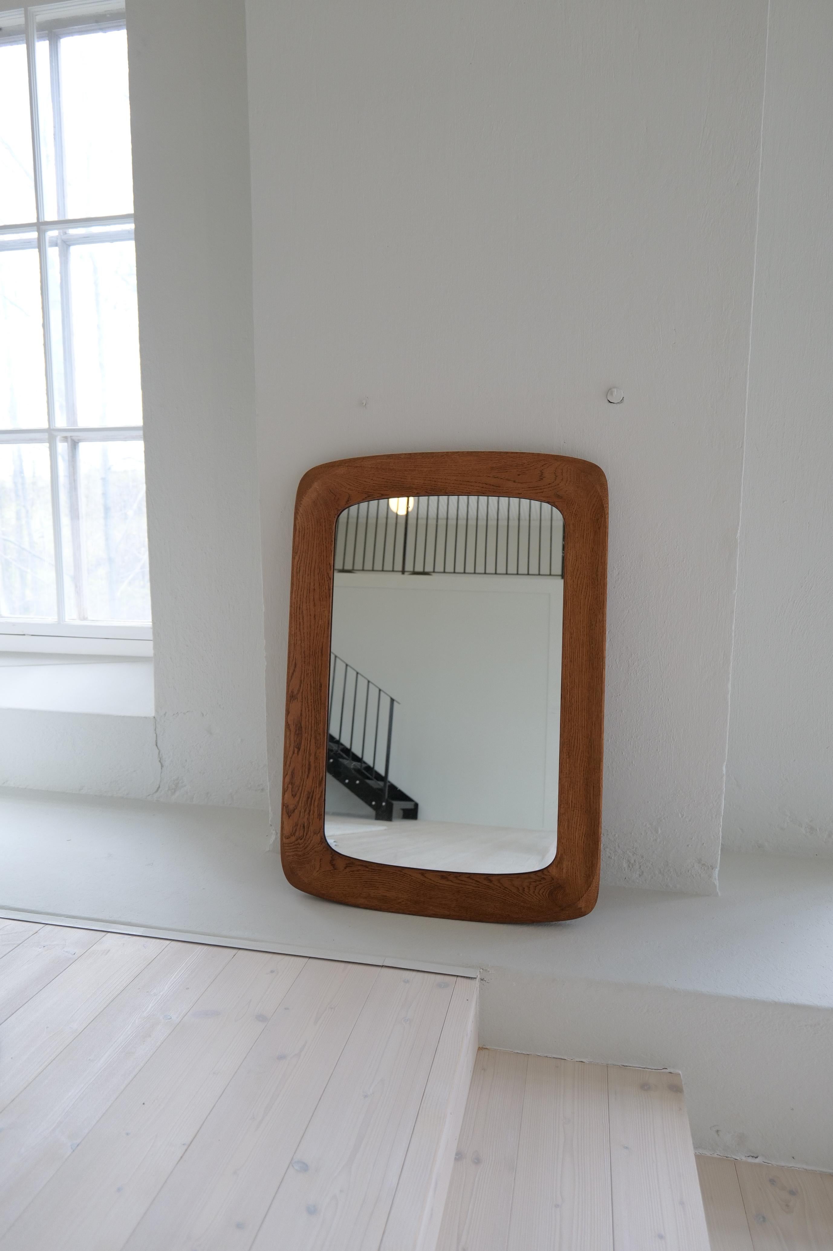 Midcentury Modern Sculptural Wall Mirror in Stained Oak, Glass, Glas & Trä 1959 For Sale 1