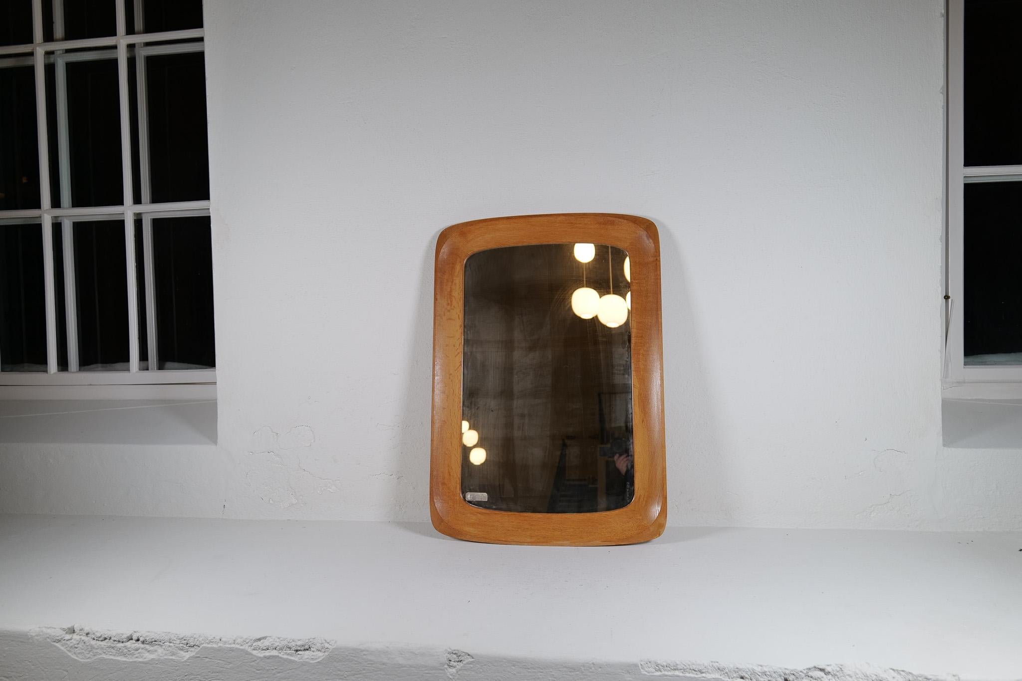 Midcentury Modern Sculptural Wall Mirror, Oak, Crystal Glass, Glas & Trä, 1960s 4
