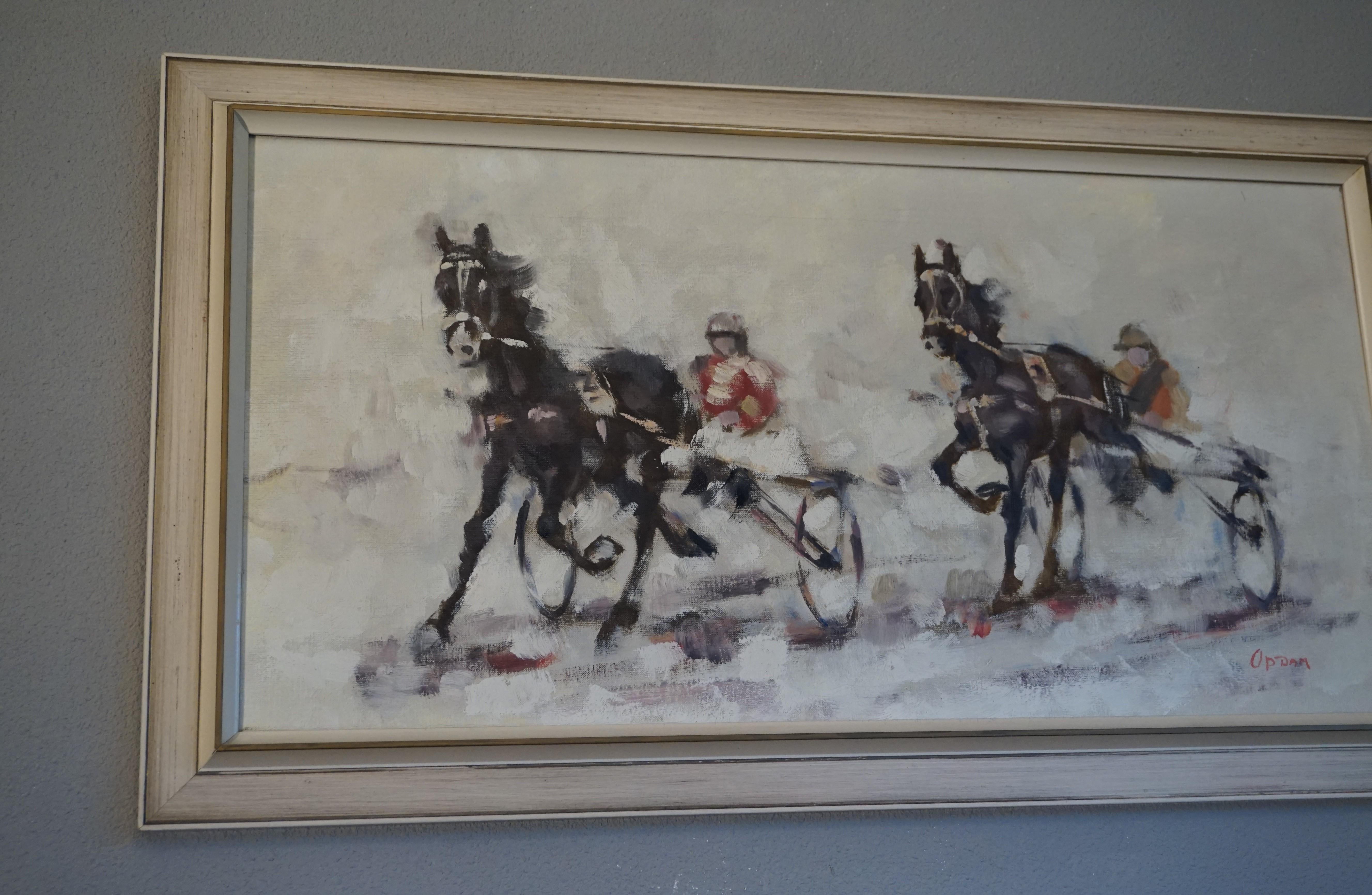Mid-Century Modern Semi Abstract Oil on Canvas Horse Painting of Harness Racing For Sale 2