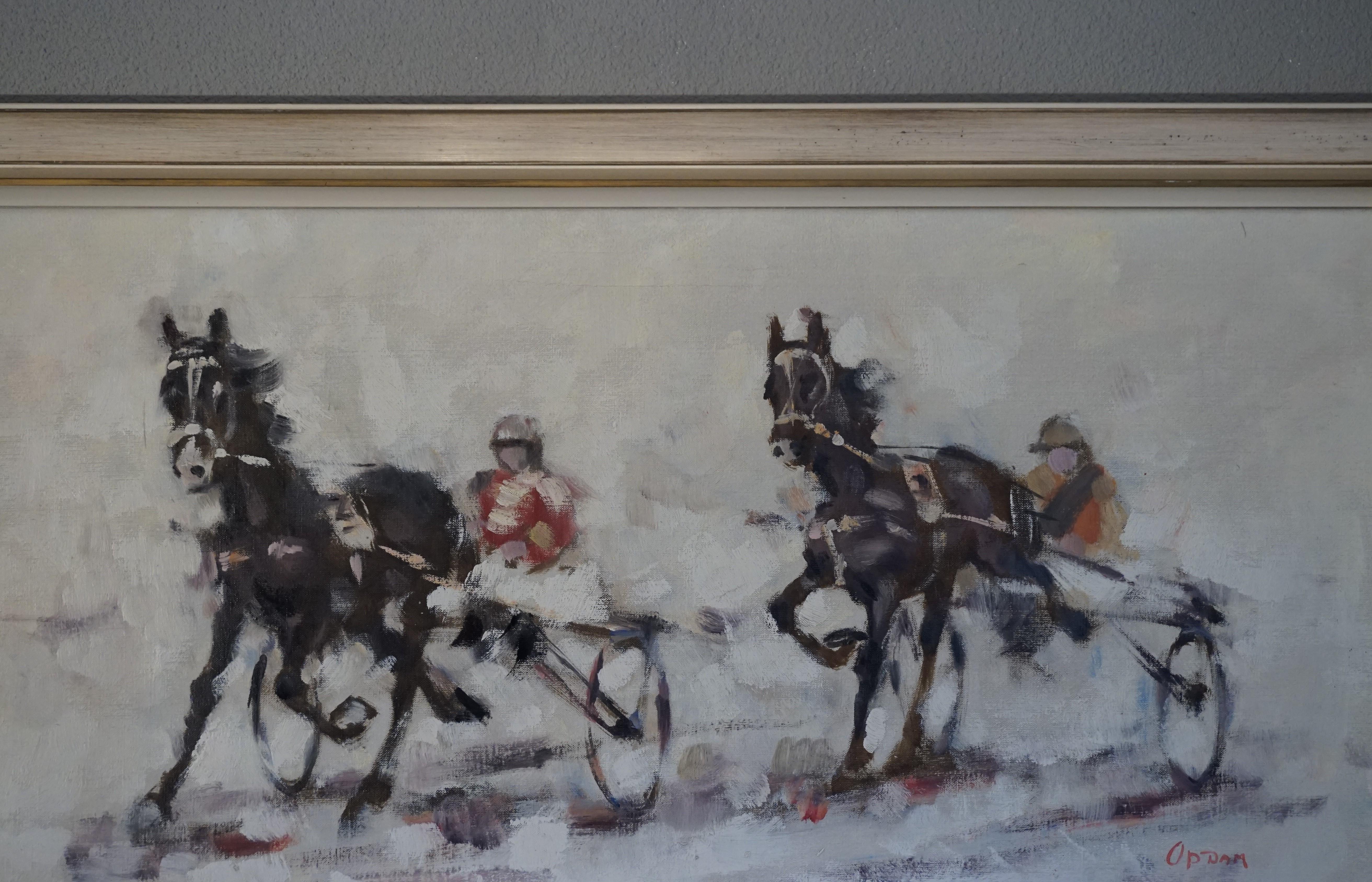 Mid-Century Modern Semi Abstract Oil on Canvas Horse Painting of Harness Racing For Sale 3
