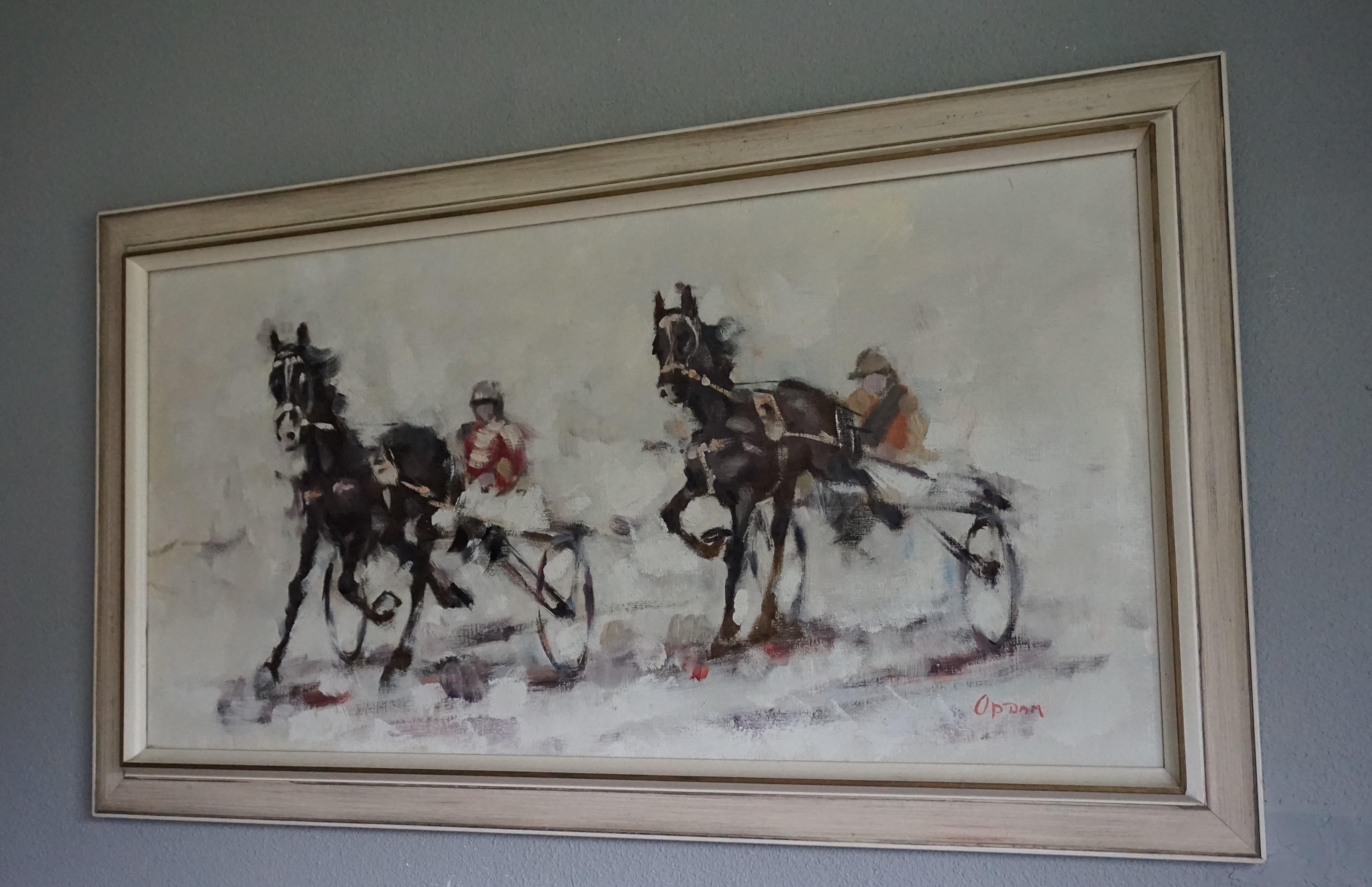 Mid-Century Modern Semi Abstract Oil on Canvas Horse Painting of Harness Racing For Sale 4