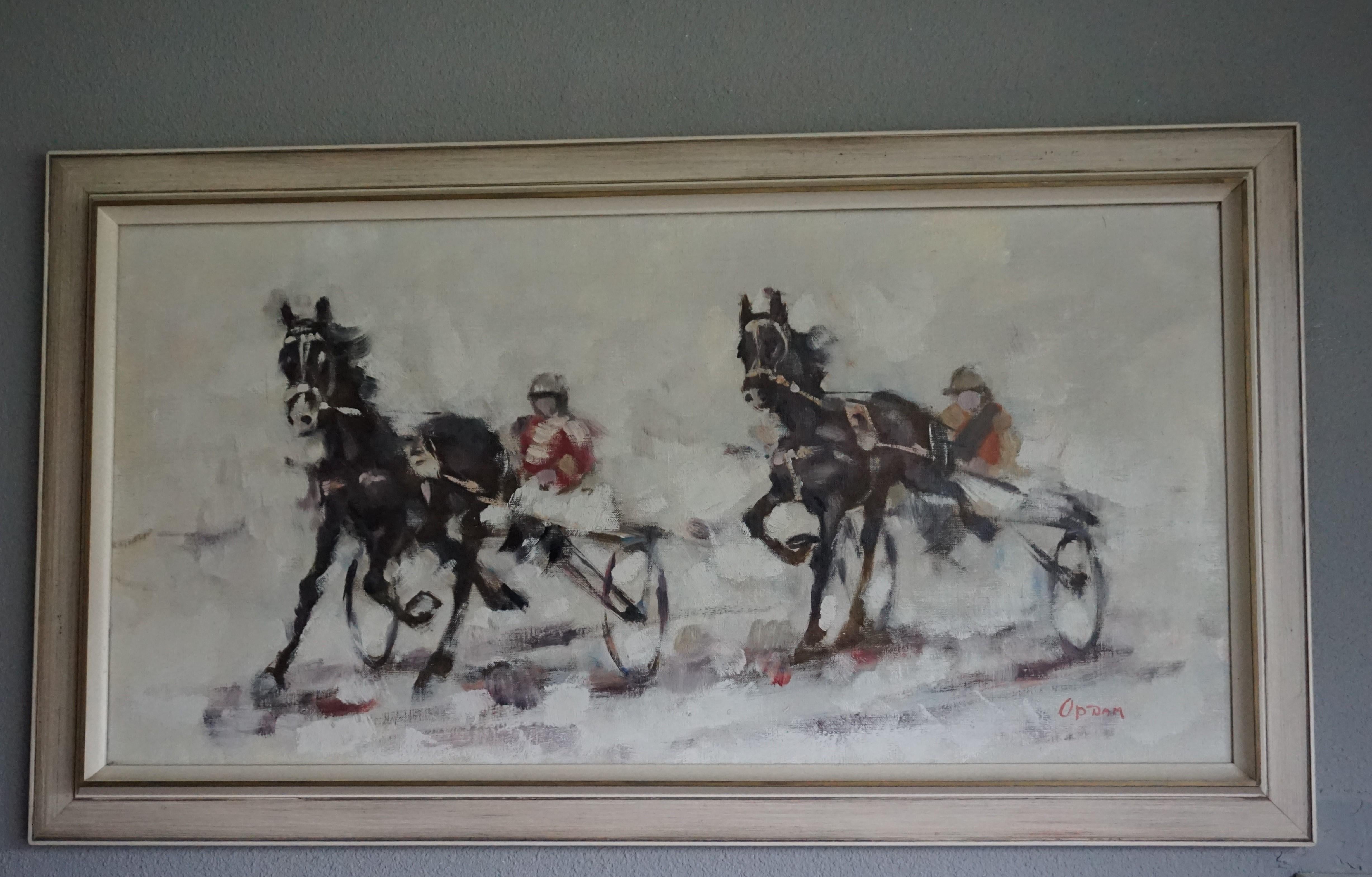 Perfect size and mint condition work of art.

This finest quality and mint condition painting is in its original frame and it could be the perfect wall art for your midcentury interior. If you love horses in general and harness/horse racing in