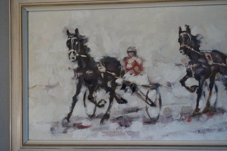 Mid-Century Modern Semi Abstract Oil On Canvas Horse Painting Of Harness Racing For Sale At 1Stdibs