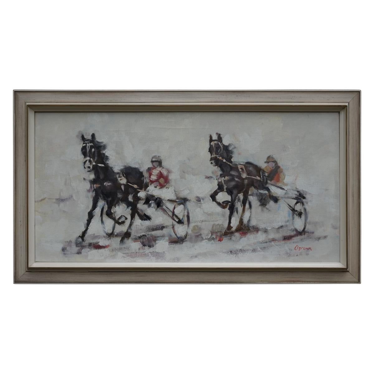 Cuadro semiabstracto al óleo sobre lienzo de mediados de siglo moderno de carreras de caballos