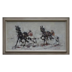 Retro Mid-Century Modern Semi Abstract Oil on Canvas Horse Painting of Harness Racing