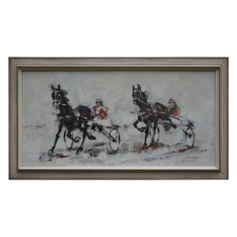 Mid-Century Modern Semi Abstract Oil On Canvas Horse Painting Of Harness Racing For Sale At 1Stdibs
