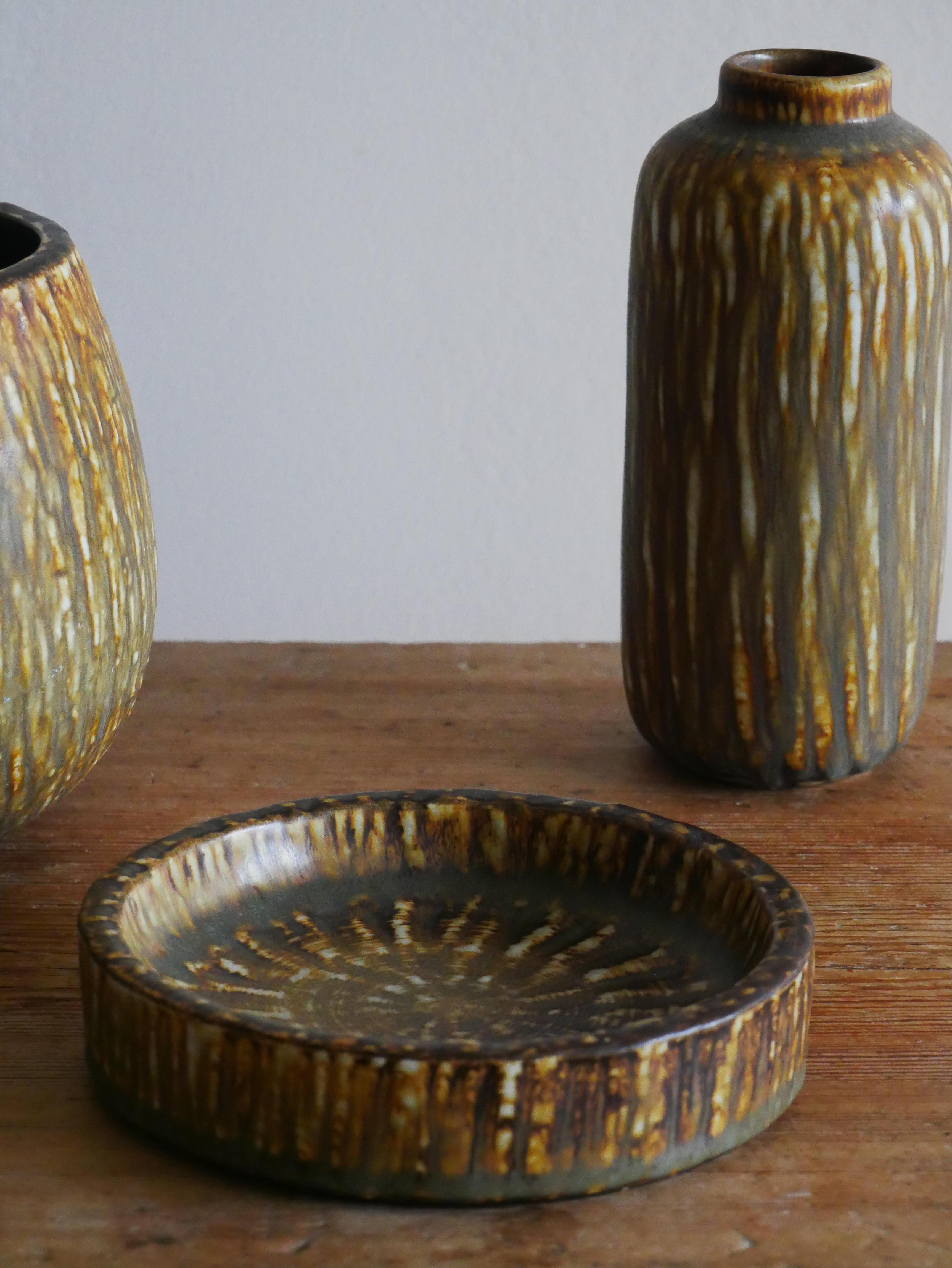 Glazed Midcentury Modern Set of 3 Ceramic Pieces, Rubus, Gunnar Nylund, Rörstrand For Sale