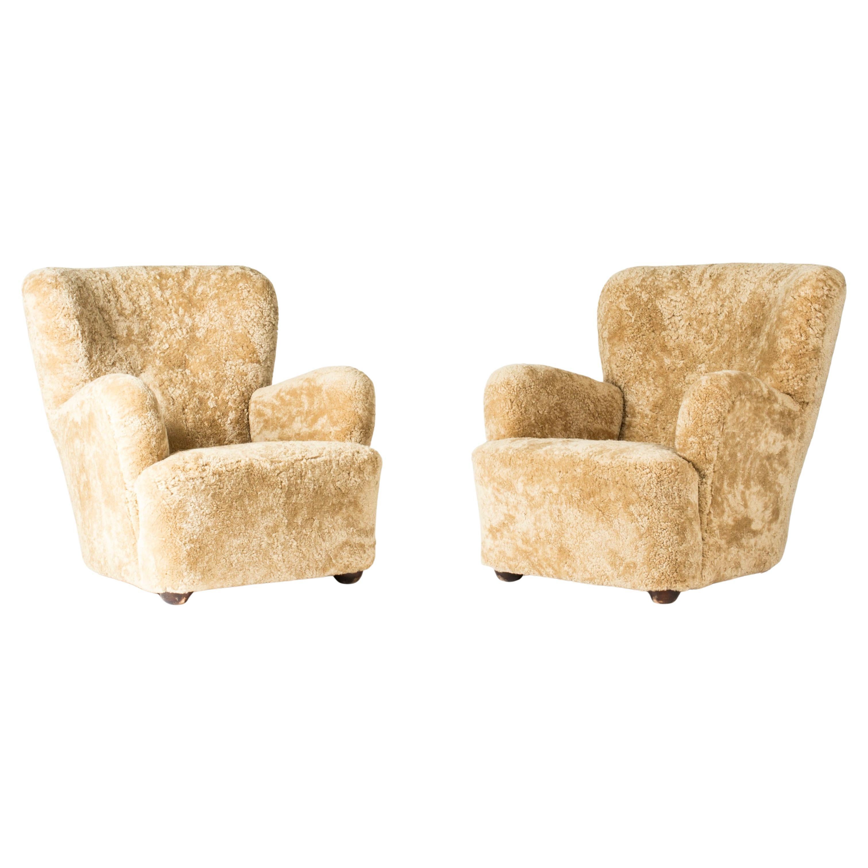 Midcentury Modern Sheepskin lounge chairs, Denmark, 1930s