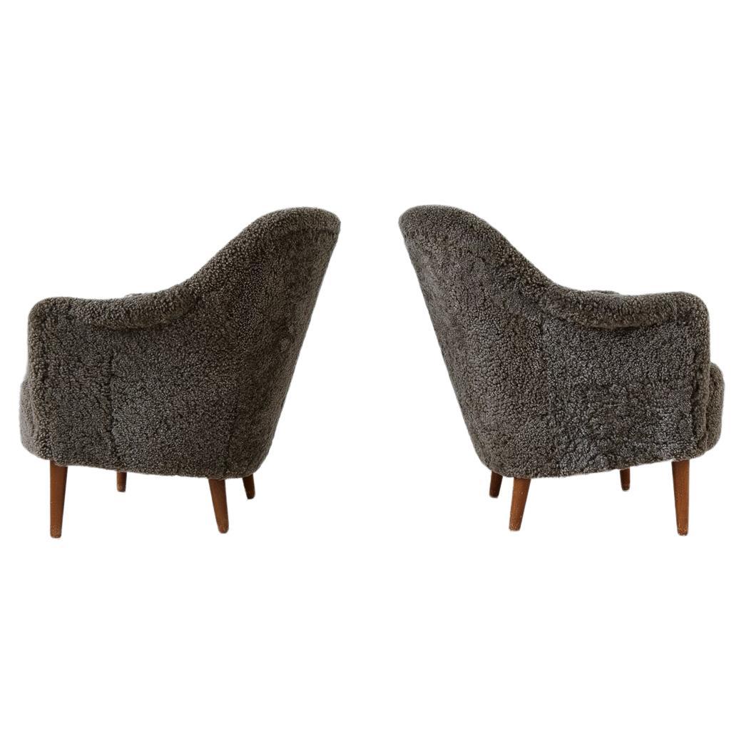 Midcentury Modern Sheepskin/Shearling Carl Malmsten "Samspel" Lounge Chairs