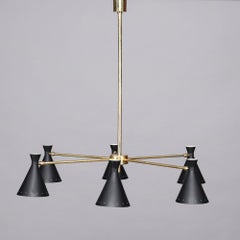 Mid‑Century Modern Six‑Arm Chandelier in Patinated Brass and Lacquered Metal