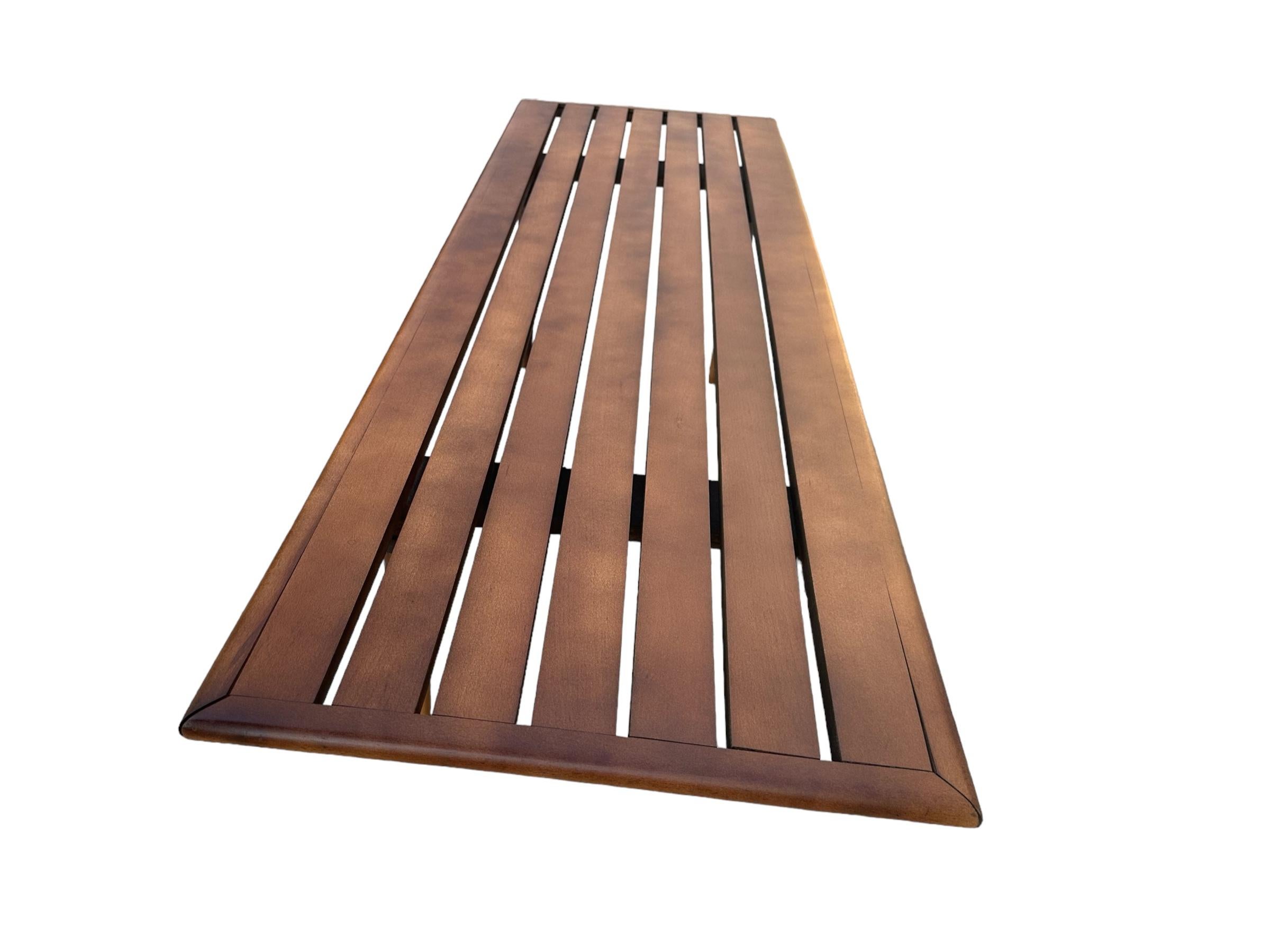 Midcentury Modern Slat Bench or Coffee Table Refinished in Medium Walnut Tone For Sale 8