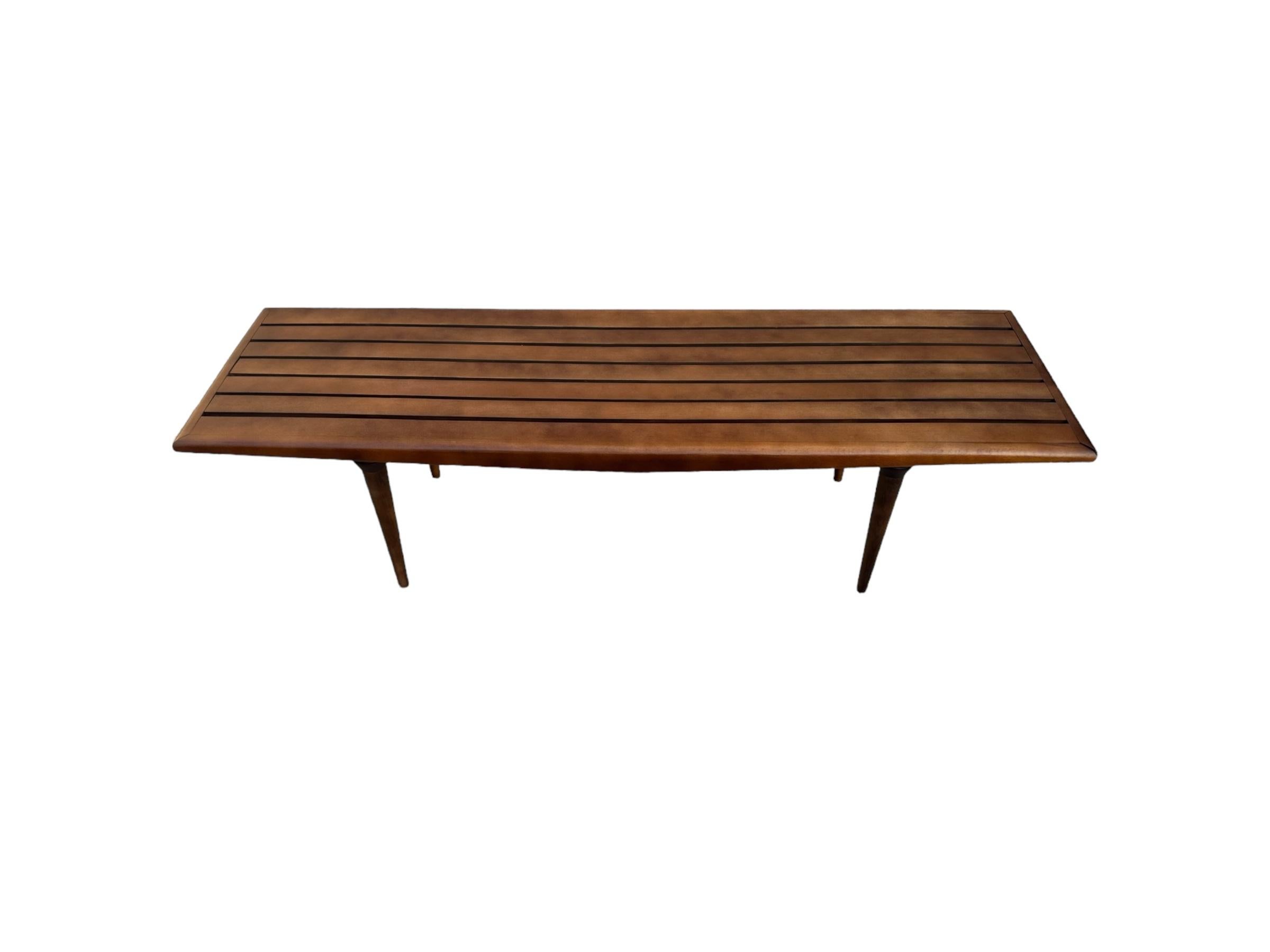 Midcentury Modern Slat Bench or Coffee Table Refinished in Medium Walnut Tone For Sale 9