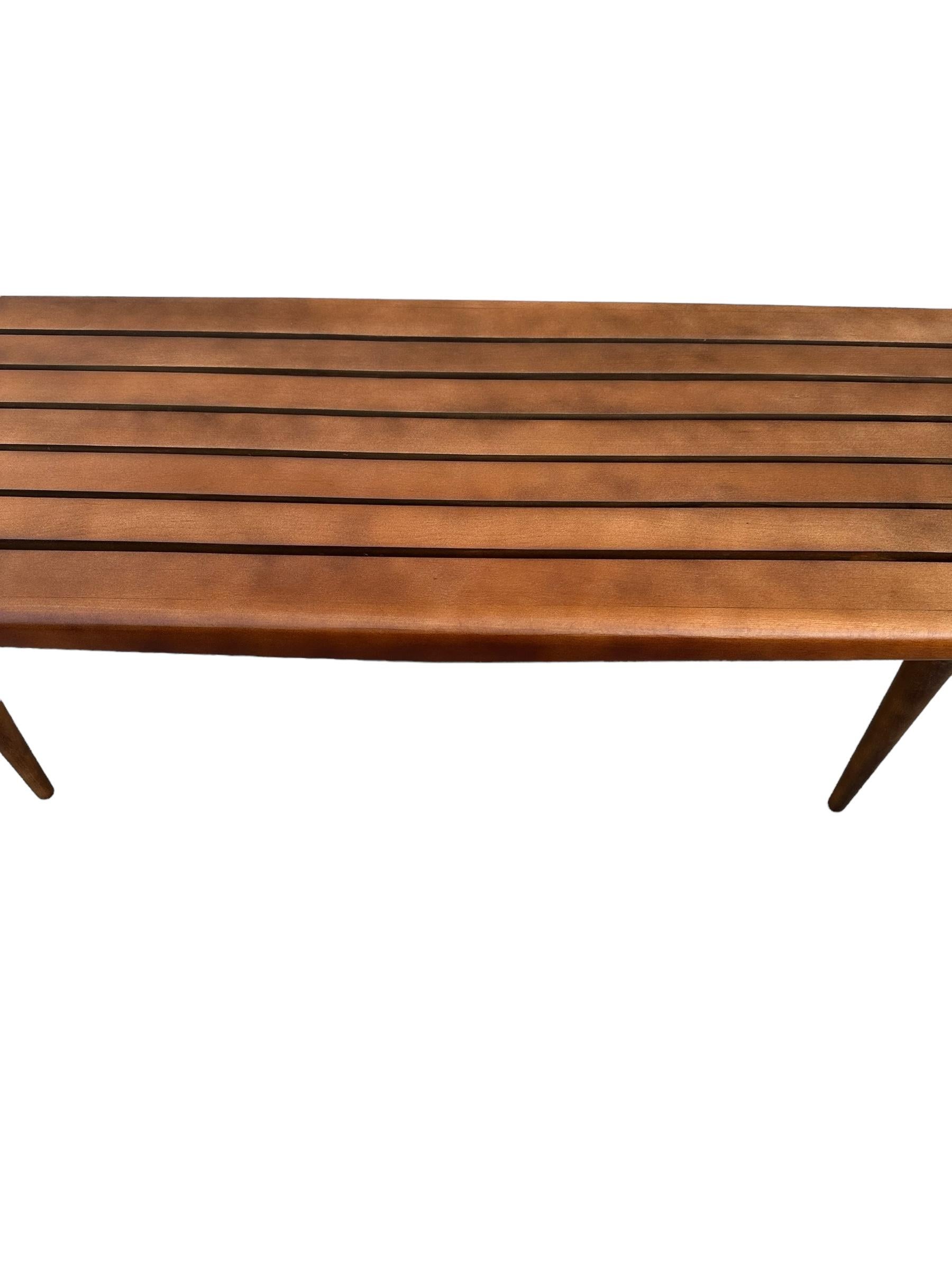 Mid-Century Modern Midcentury Modern Slat Bench or Coffee Table Refinished in Medium Walnut Tone For Sale