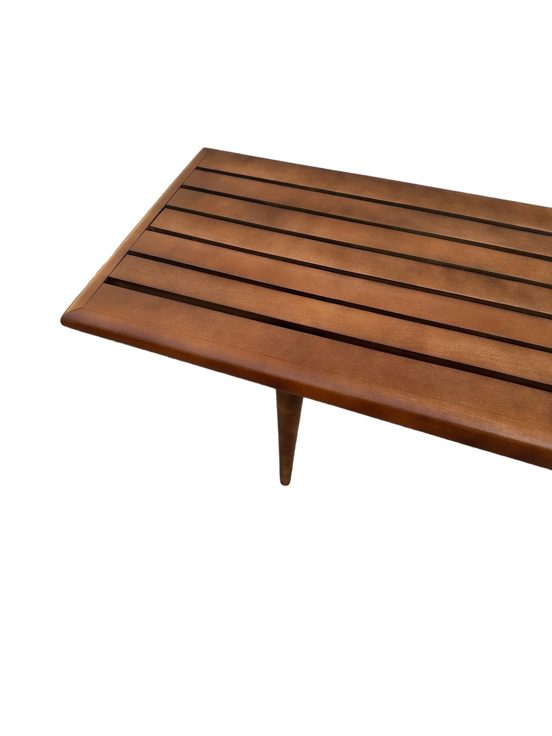 Midcentury Modern Slat Bench or Coffee Table Refinished in Medium Walnut Tone In Good Condition For Sale In Brooklyn, NY