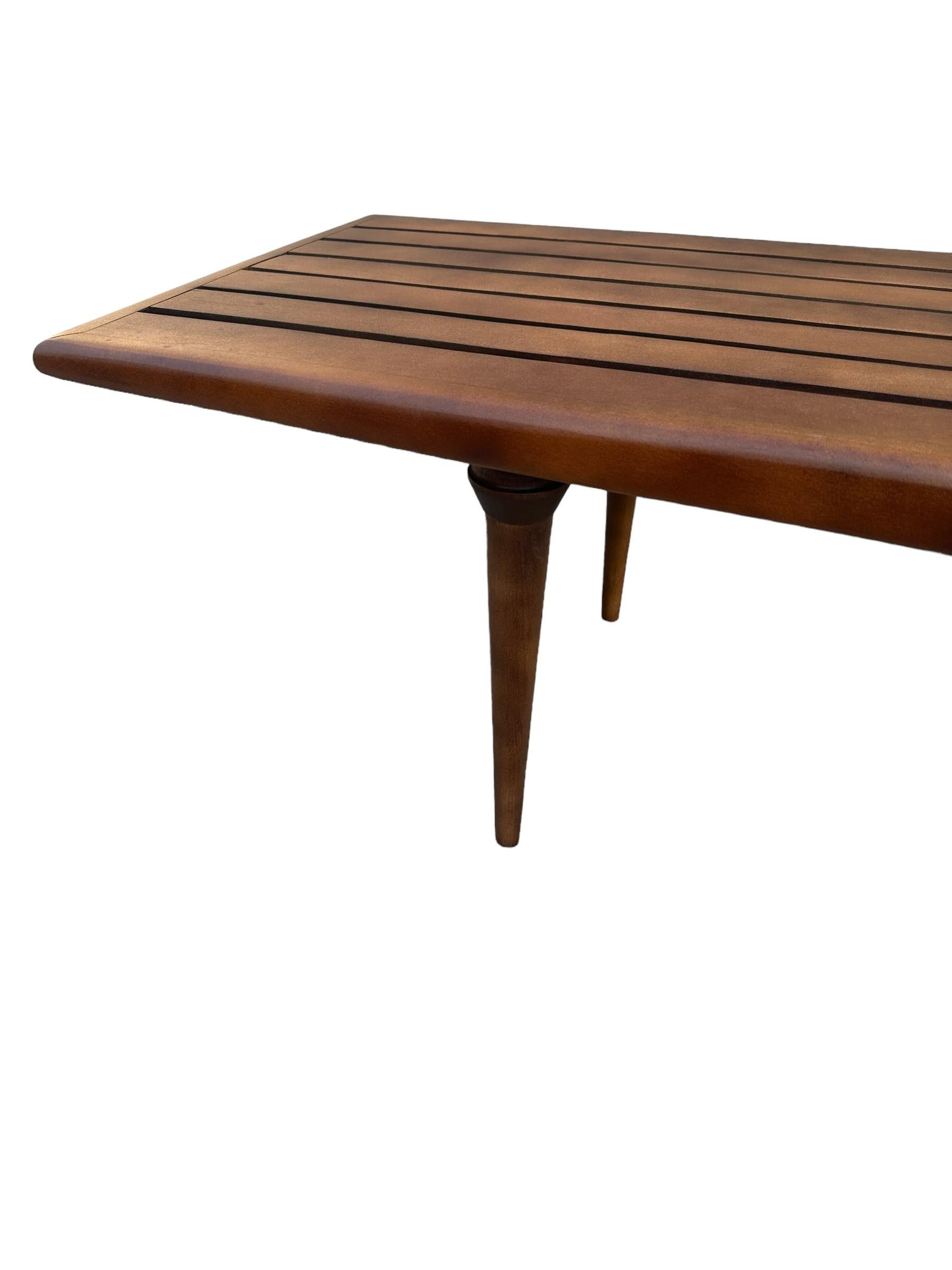 20th Century Midcentury Modern Slat Bench or Coffee Table Refinished in Medium Walnut Tone For Sale