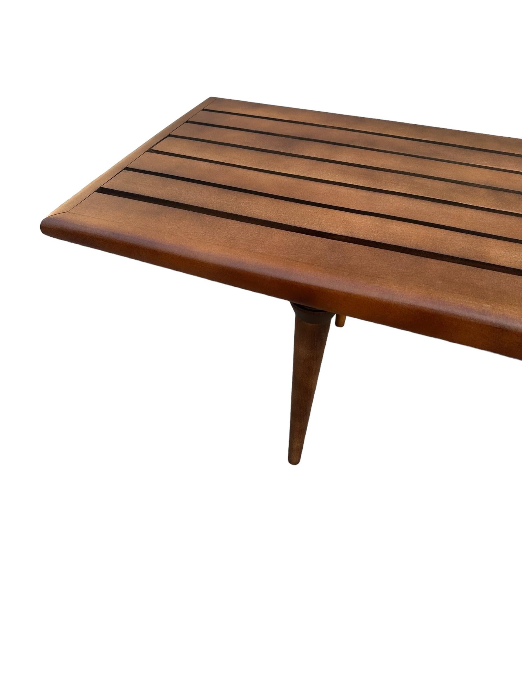 Wood Midcentury Modern Slat Bench or Coffee Table Refinished in Medium Walnut Tone For Sale