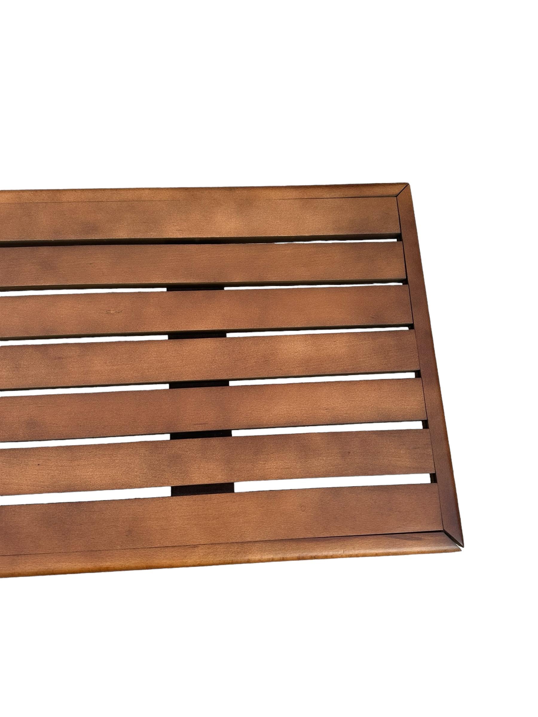 Midcentury Modern Slat Bench or Coffee Table Refinished in Medium Walnut Tone For Sale 1
