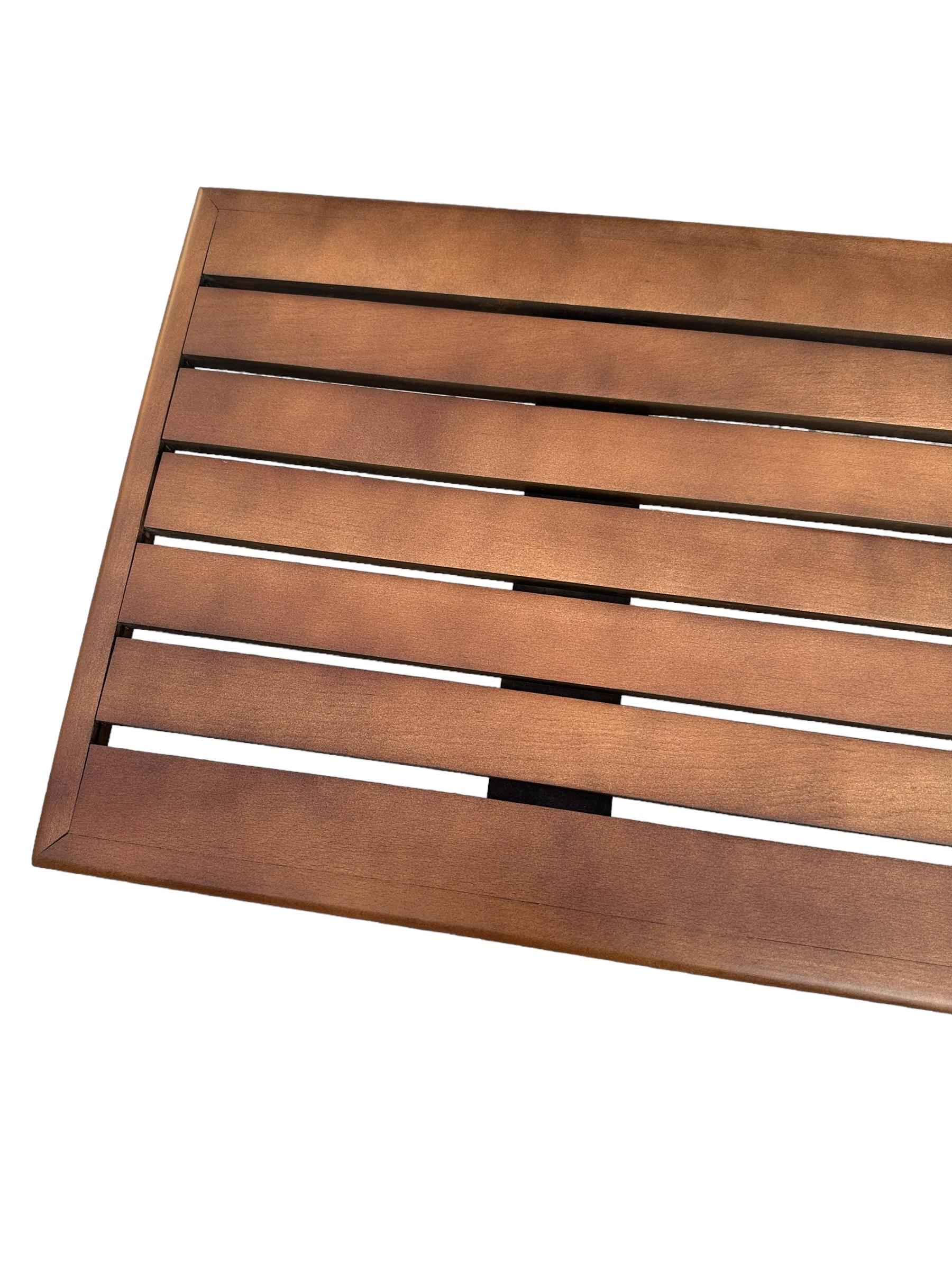 Midcentury Modern Slat Bench or Coffee Table Refinished in Medium Walnut Tone For Sale 3