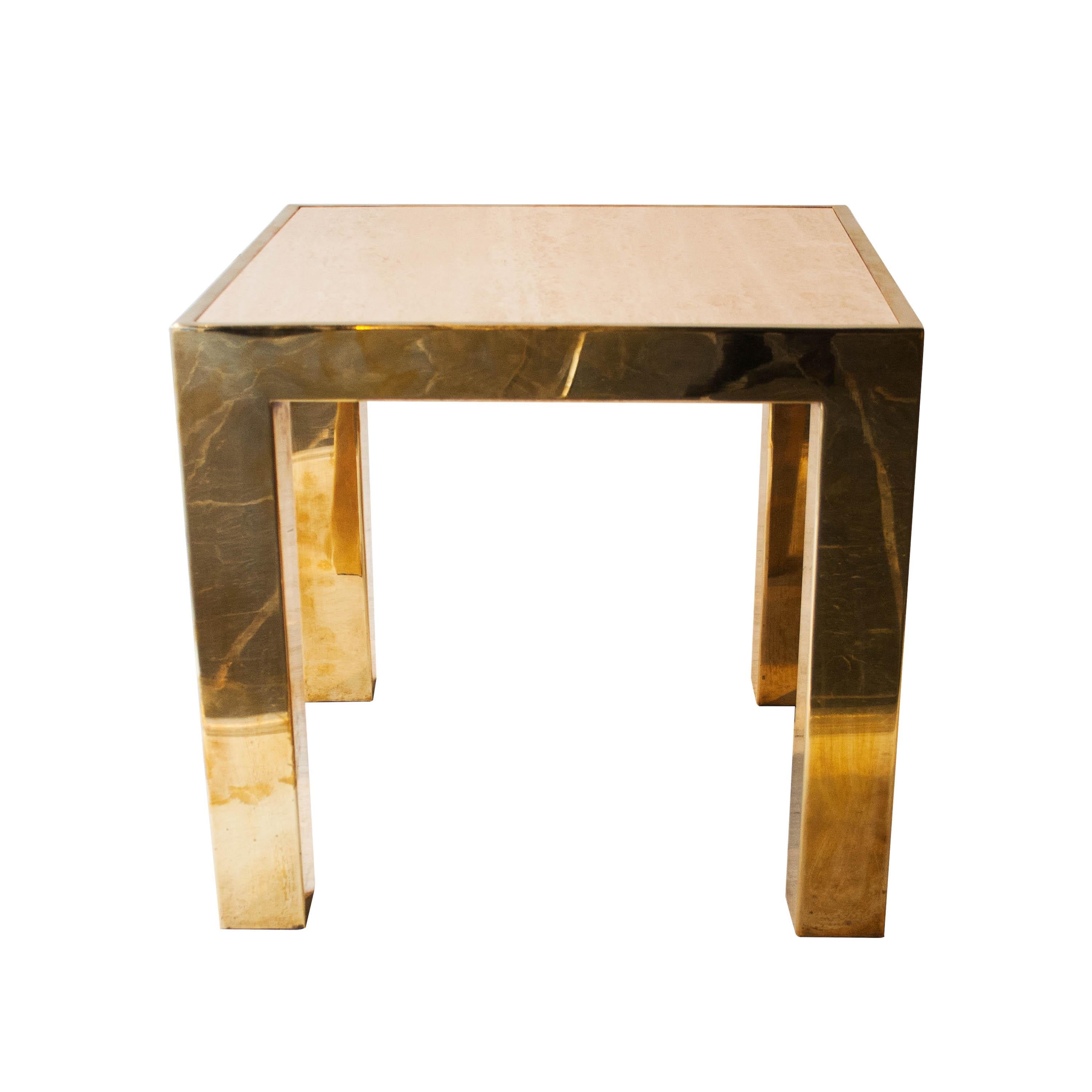 Side table with structure made of brass, with travertine marble top.
