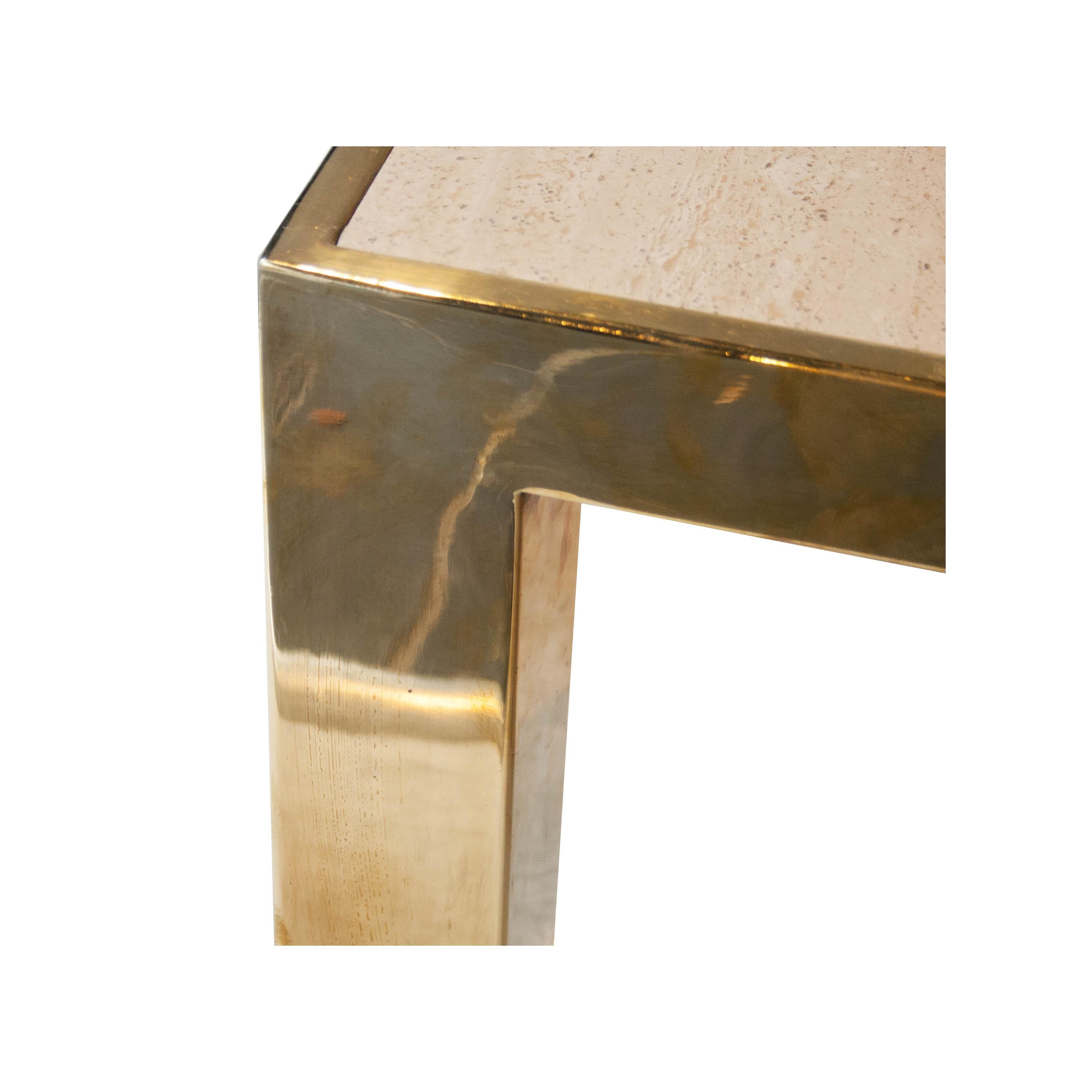 French Mid-Century Modern Square Brass Travertine Marble Side Table, France, 1970