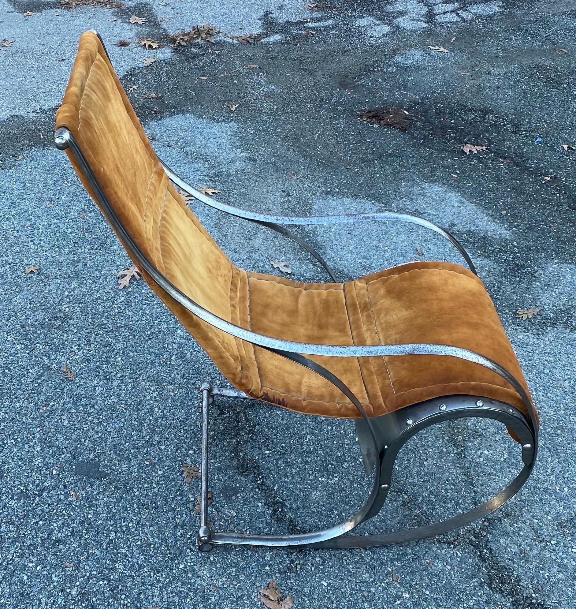 Mid-Century Modern stainless steel and suede rocking chair by Maison Jansen.