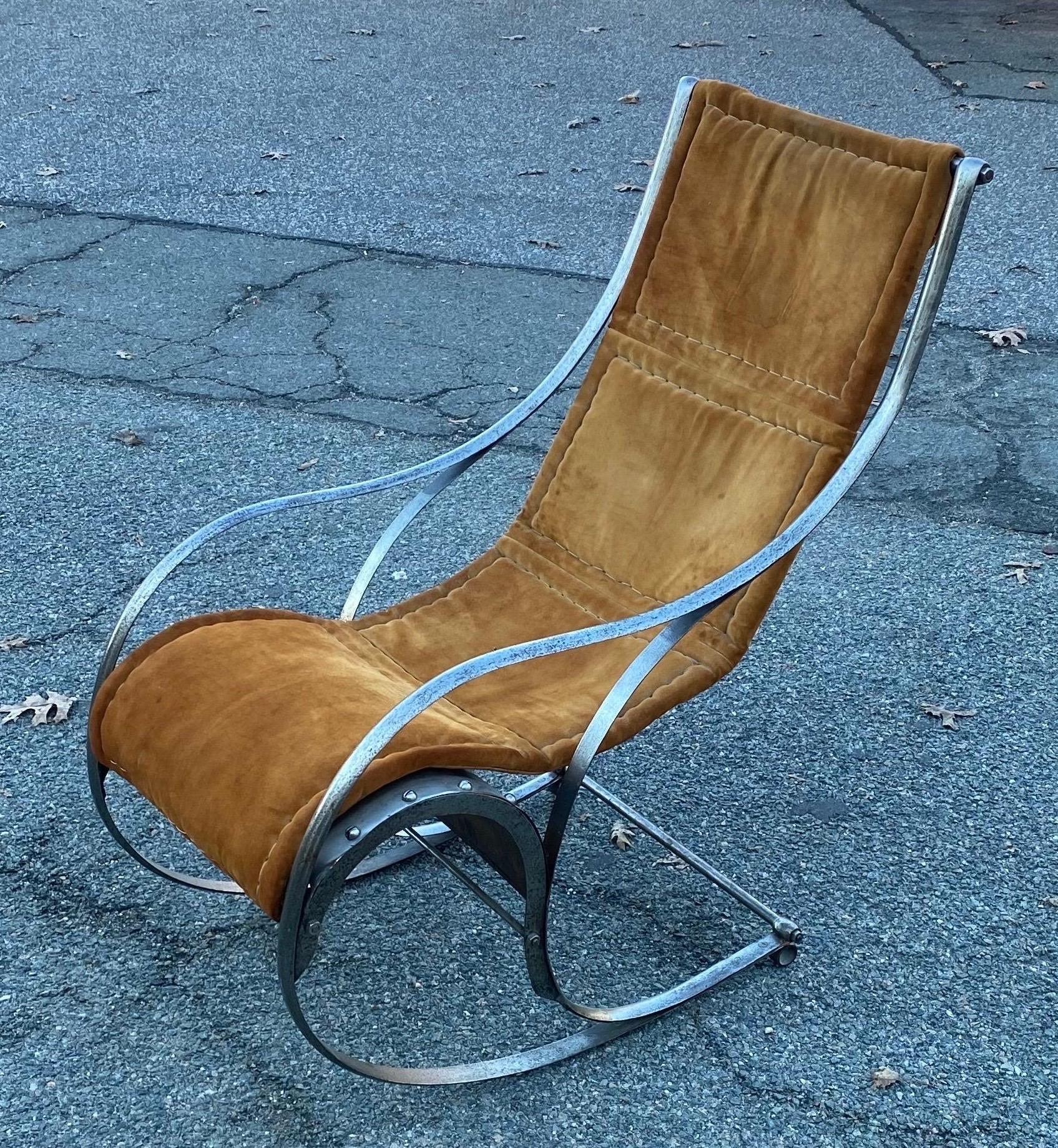 French Mid-Century Modern Stainless Steel and Suede Rocking Chair by Maison Jansen