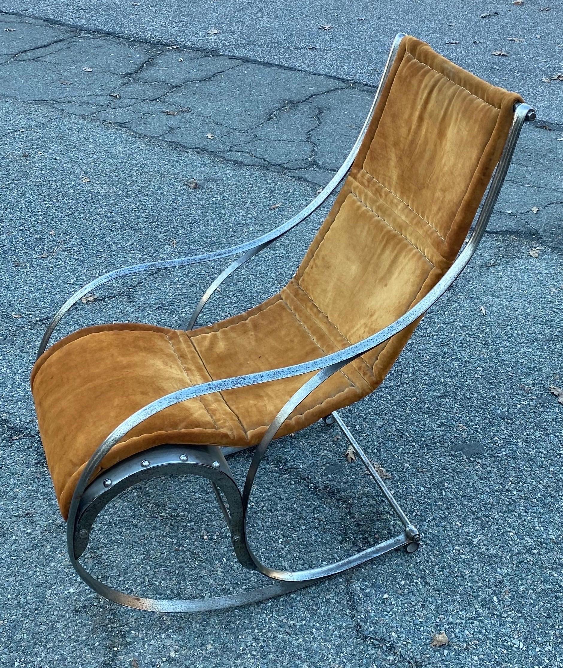 Mid-Century Modern Stainless Steel and Suede Rocking Chair by Maison Jansen In Good Condition In Charleston, SC