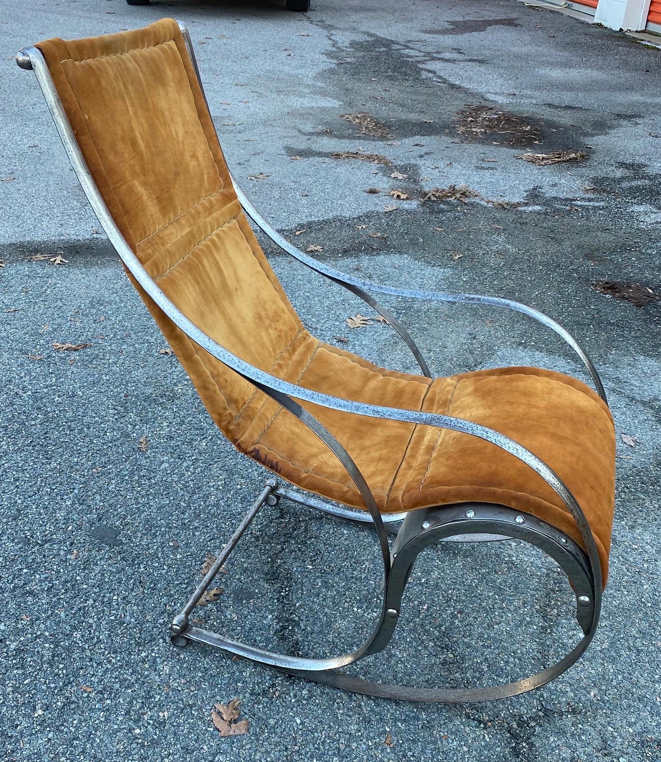 Mid-Century Modern Stainless Steel and Suede Rocking Chair by Maison Jansen 3