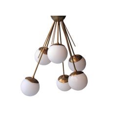 Midcentury Modern Stilnovo Style Brass Opaline Glass Italian Ceiling Lamp, 1970