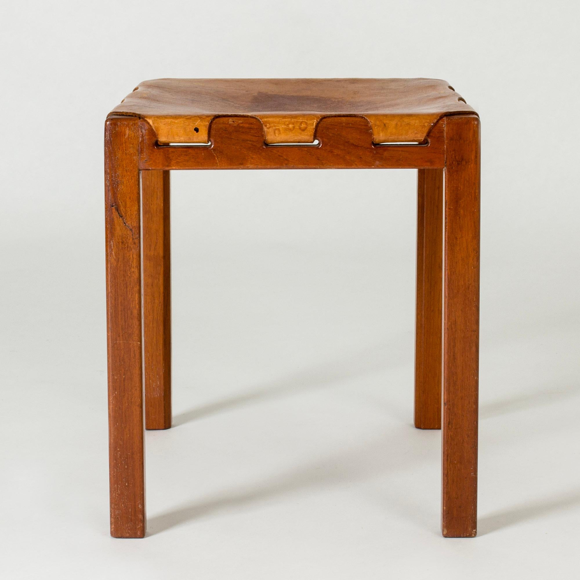 Swedish Midcentury Modern Stool, mahogany and leather, Sweden, 1950s For Sale