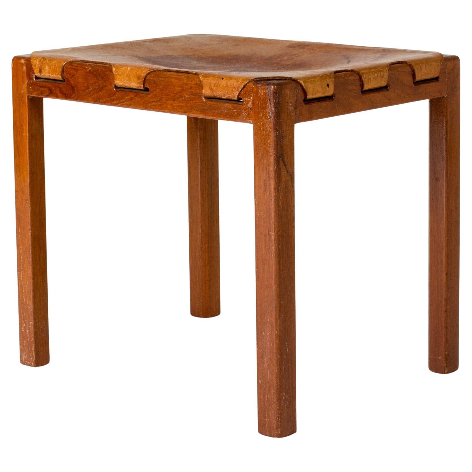 Midcentury Modern Stool, mahogany and leather, Sweden, 1950s For Sale
