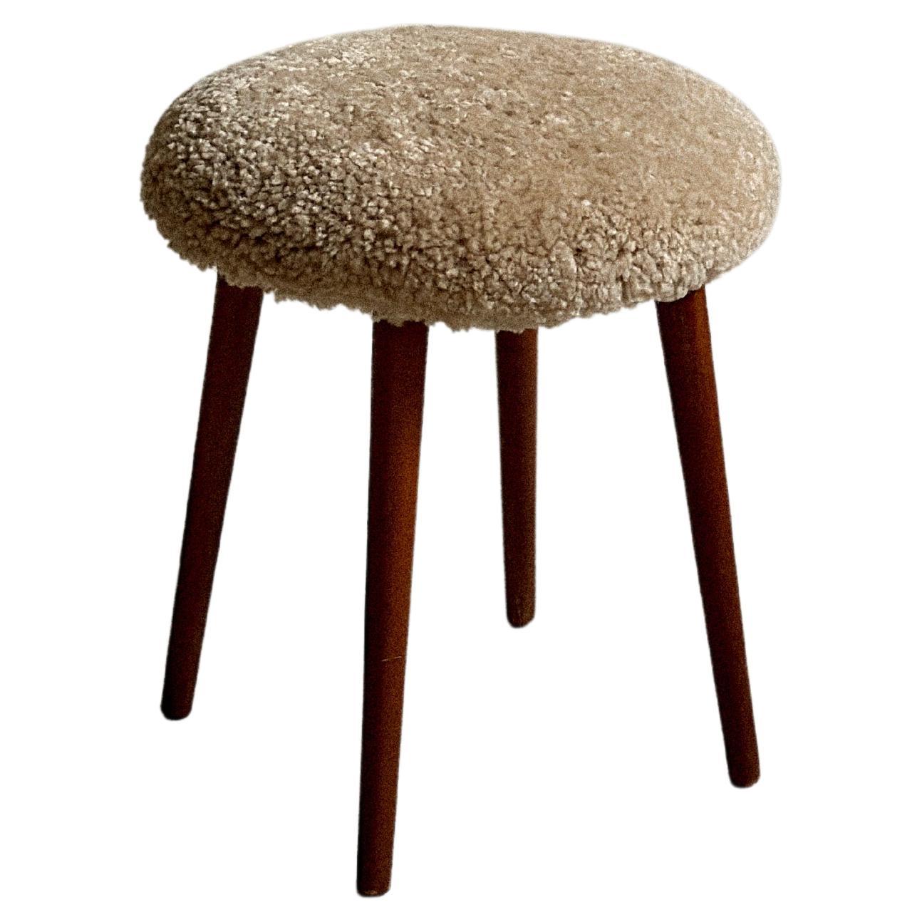 Midcentury Modern Stool , Scandi Home Style, Sheepskin, Scandinavia, c. 1950s