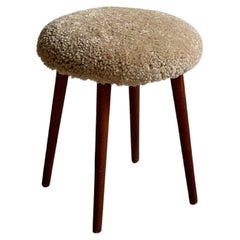 Midcentury Modern Stool , Scandi Home Style, Sheepskin, Scandinavia, c. 1950s
