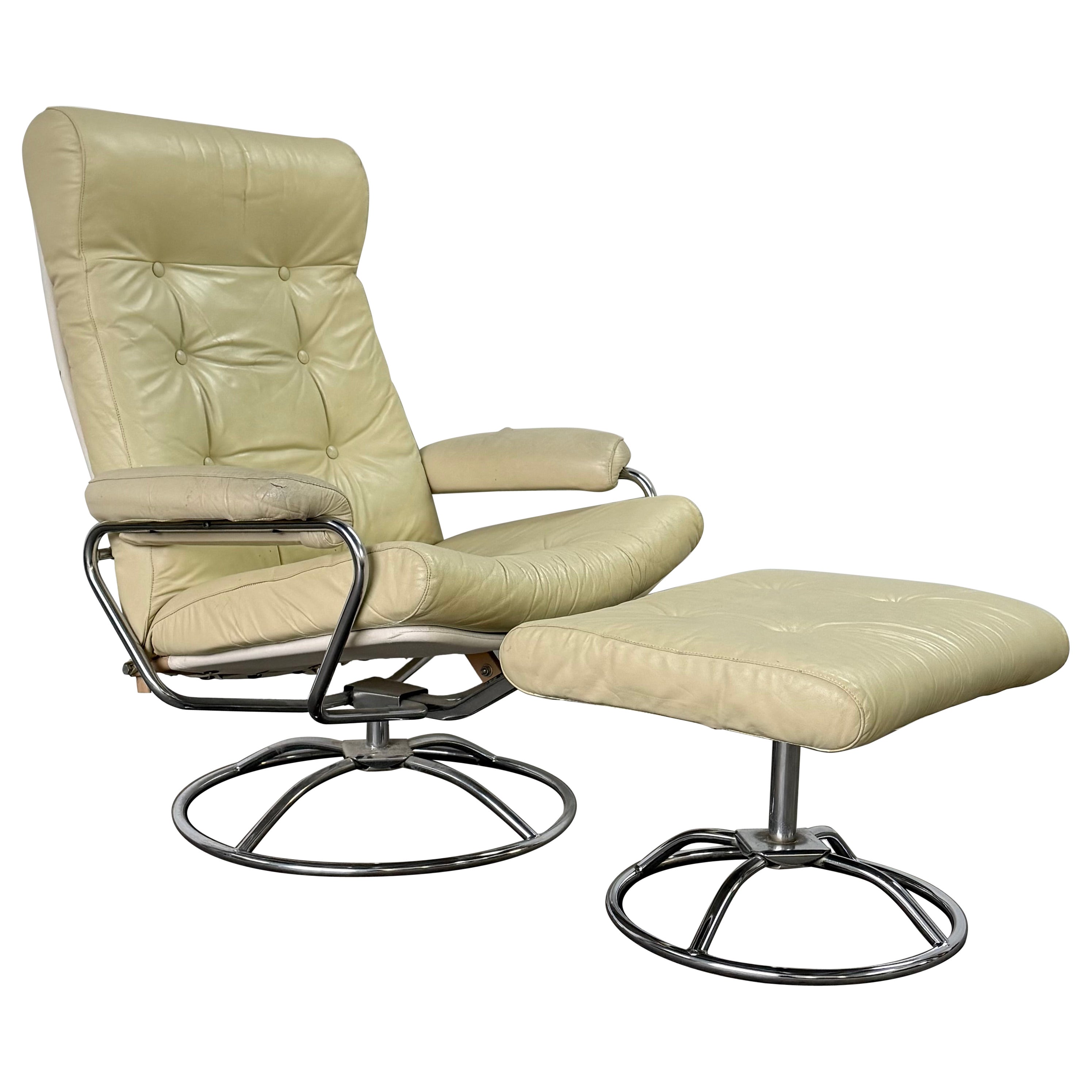 Midcentury Modern Stressless Style Lounge Chair and Ottoman