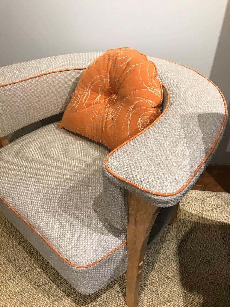 American Mid-Century Modern Style Armchair with Natural Linen and Orange Piping