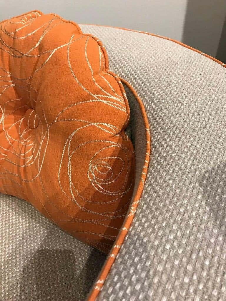 Contemporary Mid-Century Modern Style Armchair with Natural Linen and Orange Piping