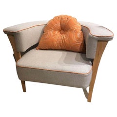 Mid-Century Modern Style Armchair with Natural Linen and Orange Piping