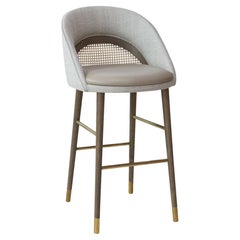 Sgabello da bar in stile Midcentury Modern con schienale a canne e dettagli in ottone