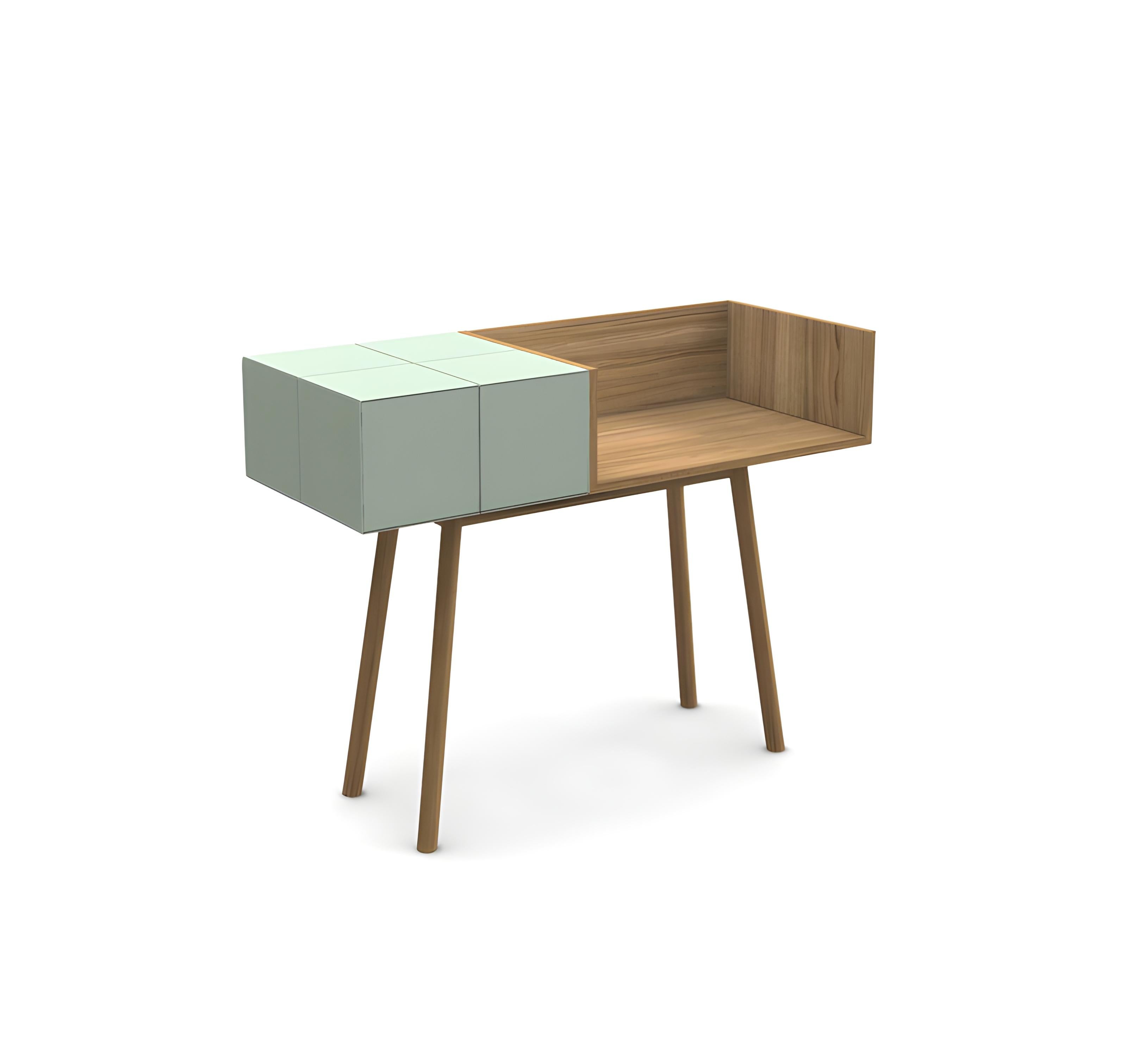 This boudoir desk is a compact and functional piece, designed with simplicity and practicality in mind. Its structure consists of a single drawer, an open storage compartment, and a sturdy wooden base. The design follows a consistent 10x10 inches