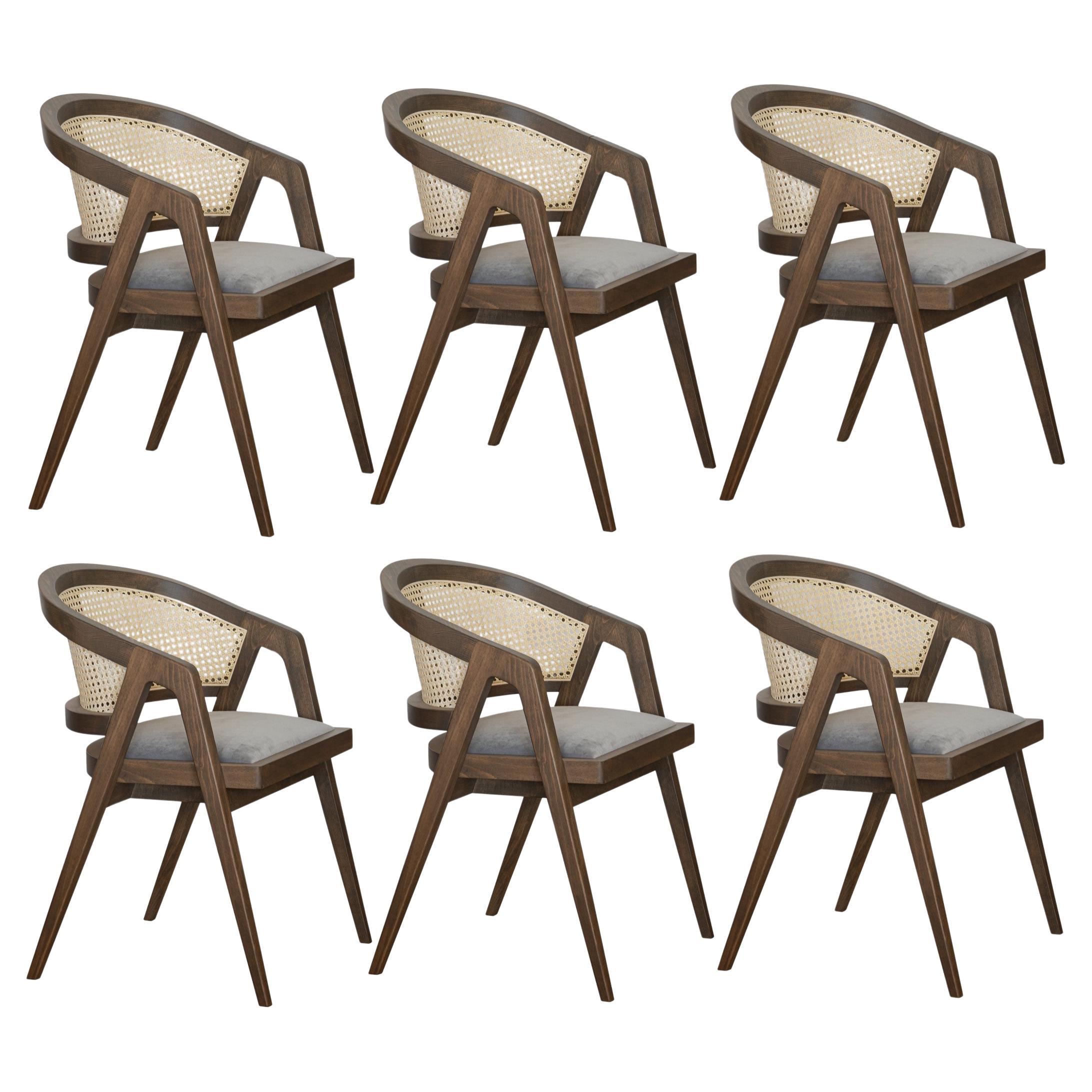 Midcentury Modern Style Dining Chairs in Natural Cane, Set of 8 For Sale