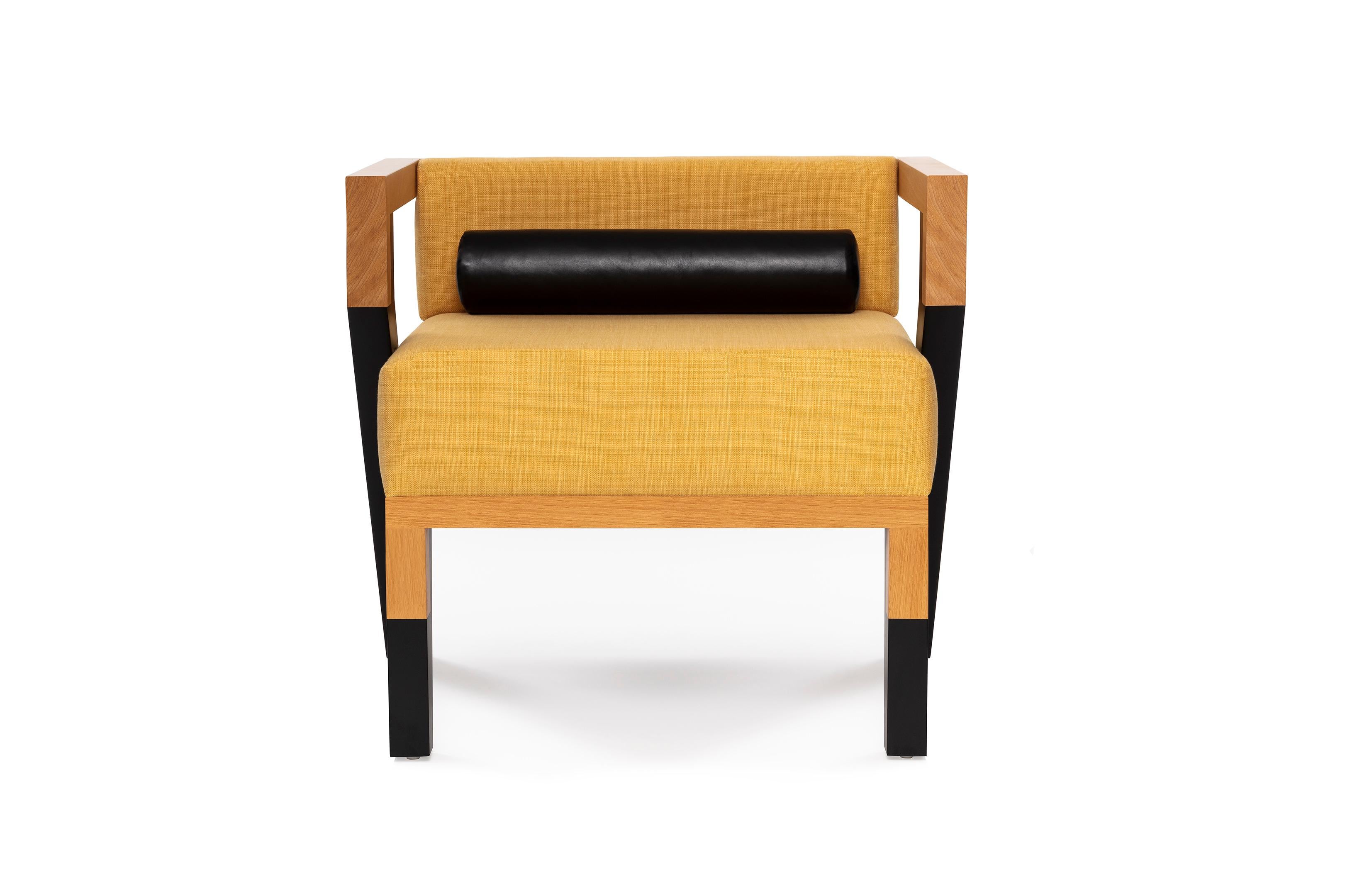 Contemporary Mid-Century Modern Style Minimal Solid Wood Armchair Upholstered in Textile For Sale
