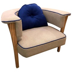 Mid-Century Modern Style Natural Linen with Blue Piping Armchair