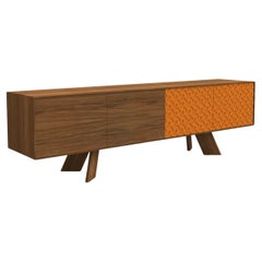 Midcentury Modern Style Sideboard In Walnut & Orange Lacquered Motif Fronts