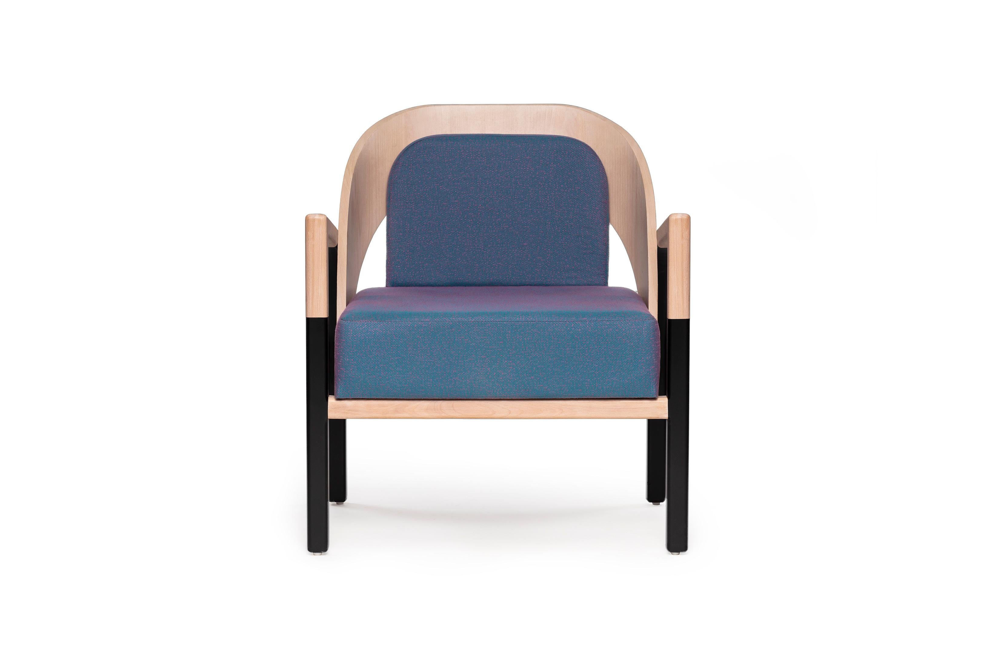 Mexican Mid-Century Modern Style Solid Wood Armchair Upholstered in Cerulean Textile For Sale