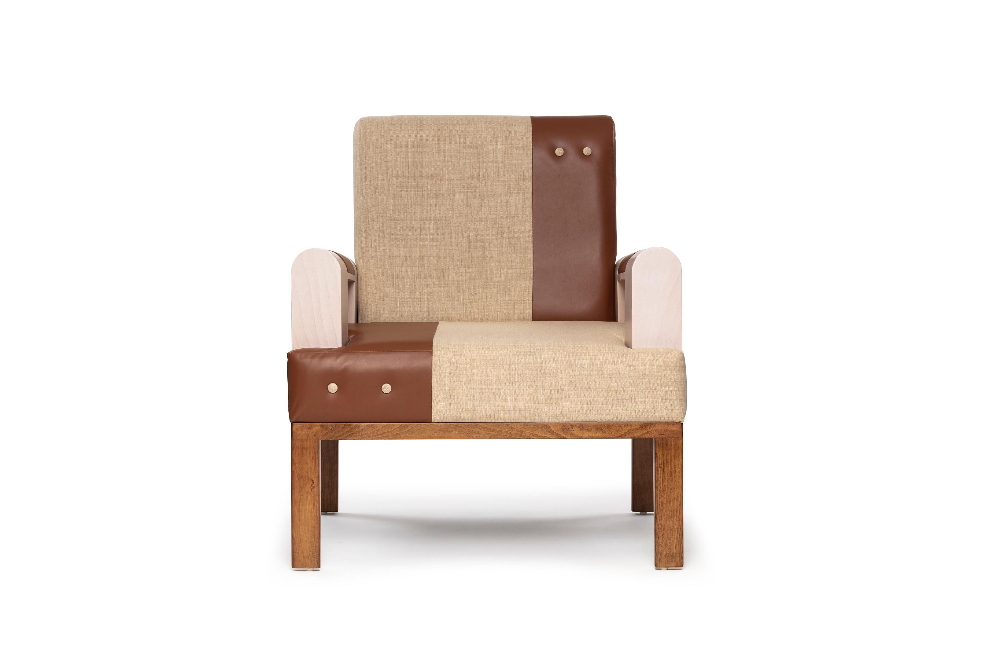 Mid-Century Modern Midcentury Modern Style Solid Wood Armchair Upholstered in Textile and Leather For Sale