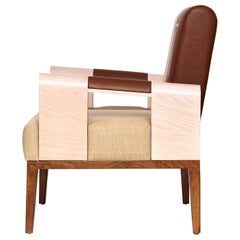Midcentury Modern Style Solid Wood Armchair Upholstered in Textile and Leather