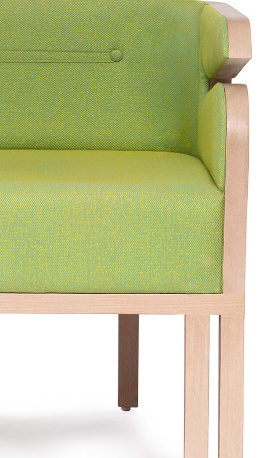 Hand-Crafted Mid-Century Modern Style Wood Armchair with Woven Cane Upholstered in Textile