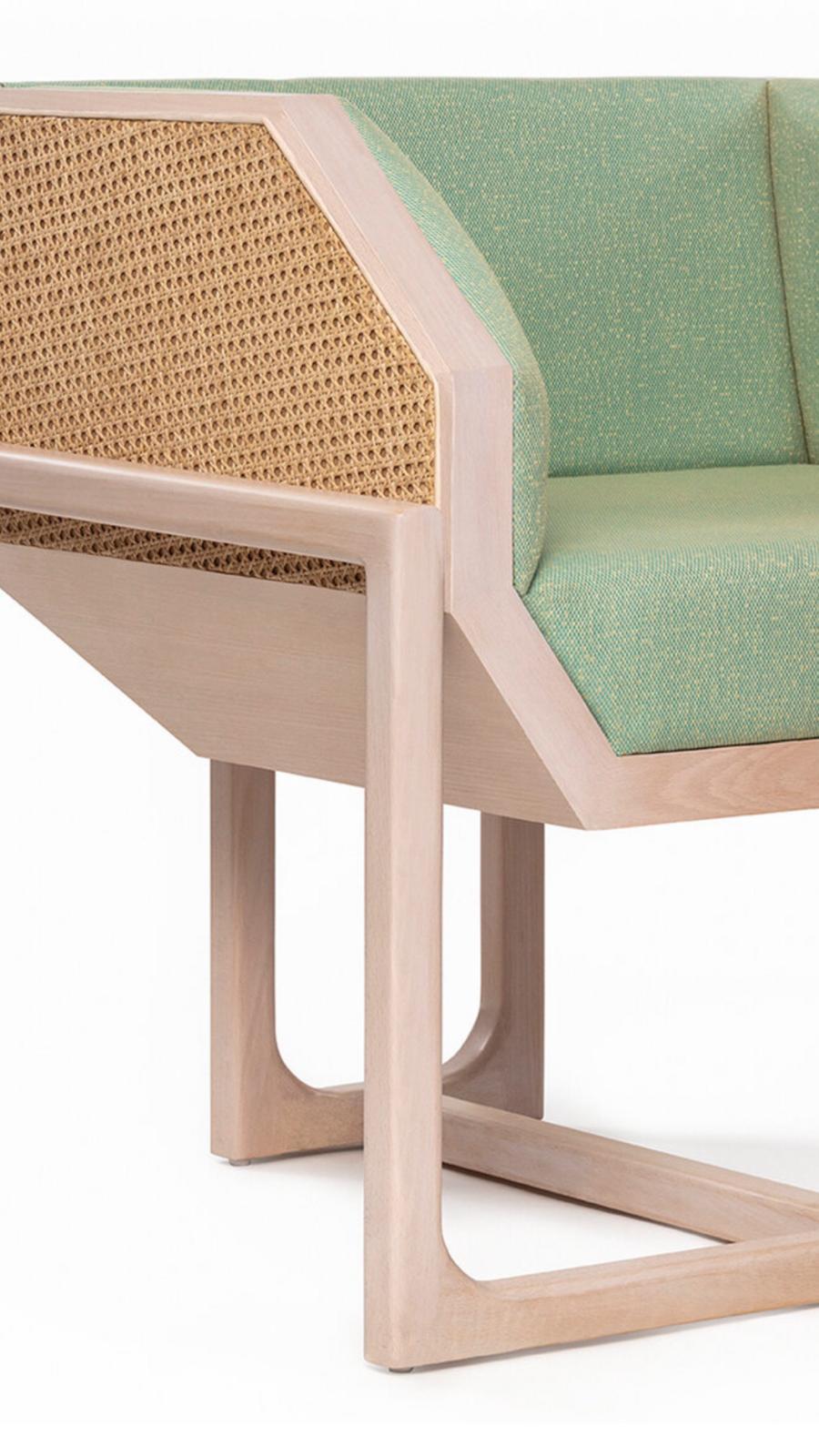 Hand-Crafted Mid-Century Modern Style Wood Armchair with Woven Cane Upholstered in Textile