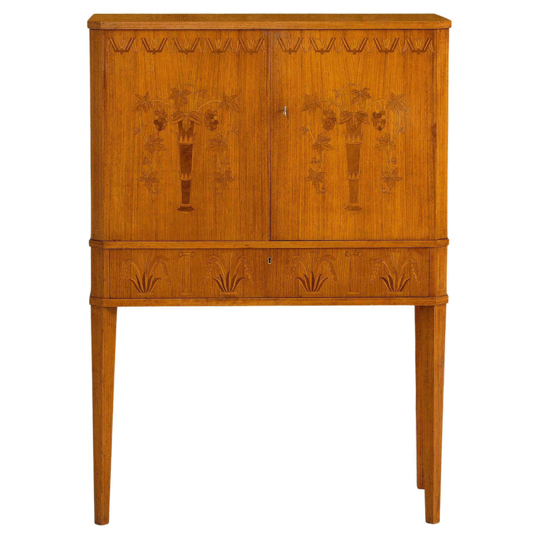 Midcentury Modern Swedish Art Deco Birchwood Marquetry Bar Cabinet
