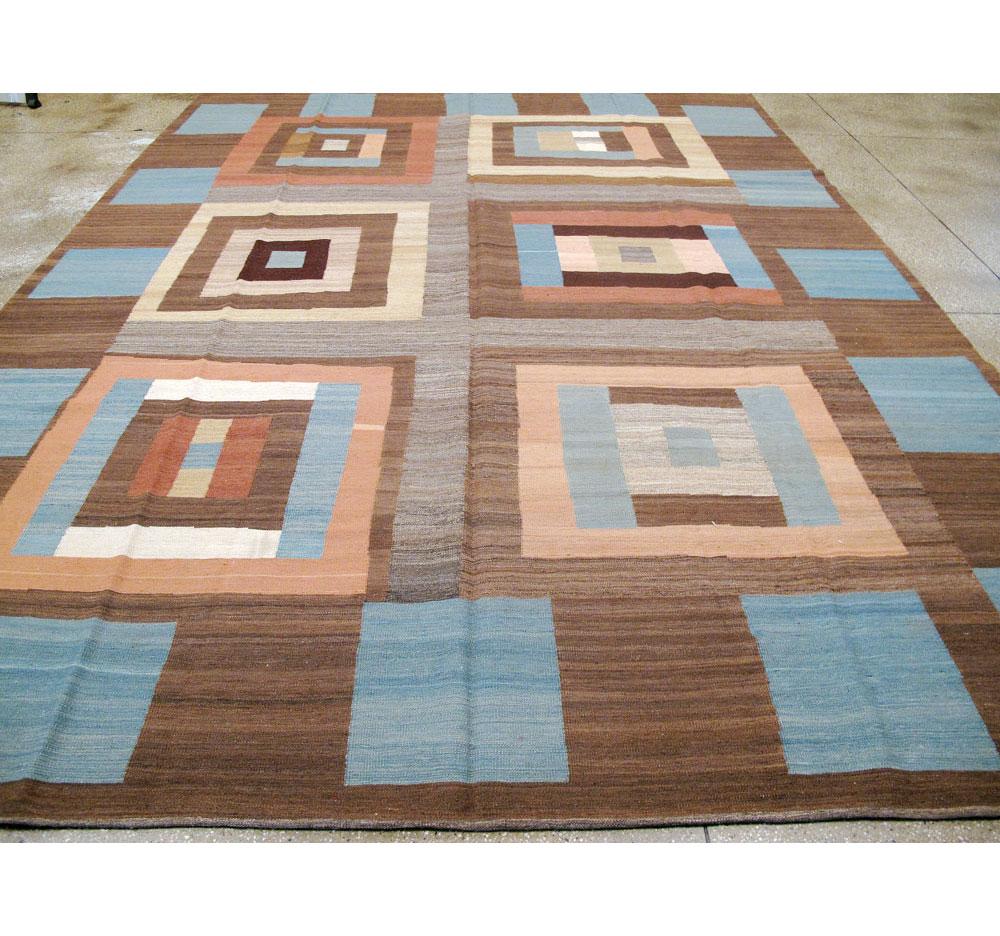 Hand-Woven Mid-Century Modern Swedish Style Geometric Room Size Flat-Weave Carpet For Sale